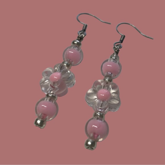 Floral Acrylic Bead Earrings Handmade - Picture 5 of 5